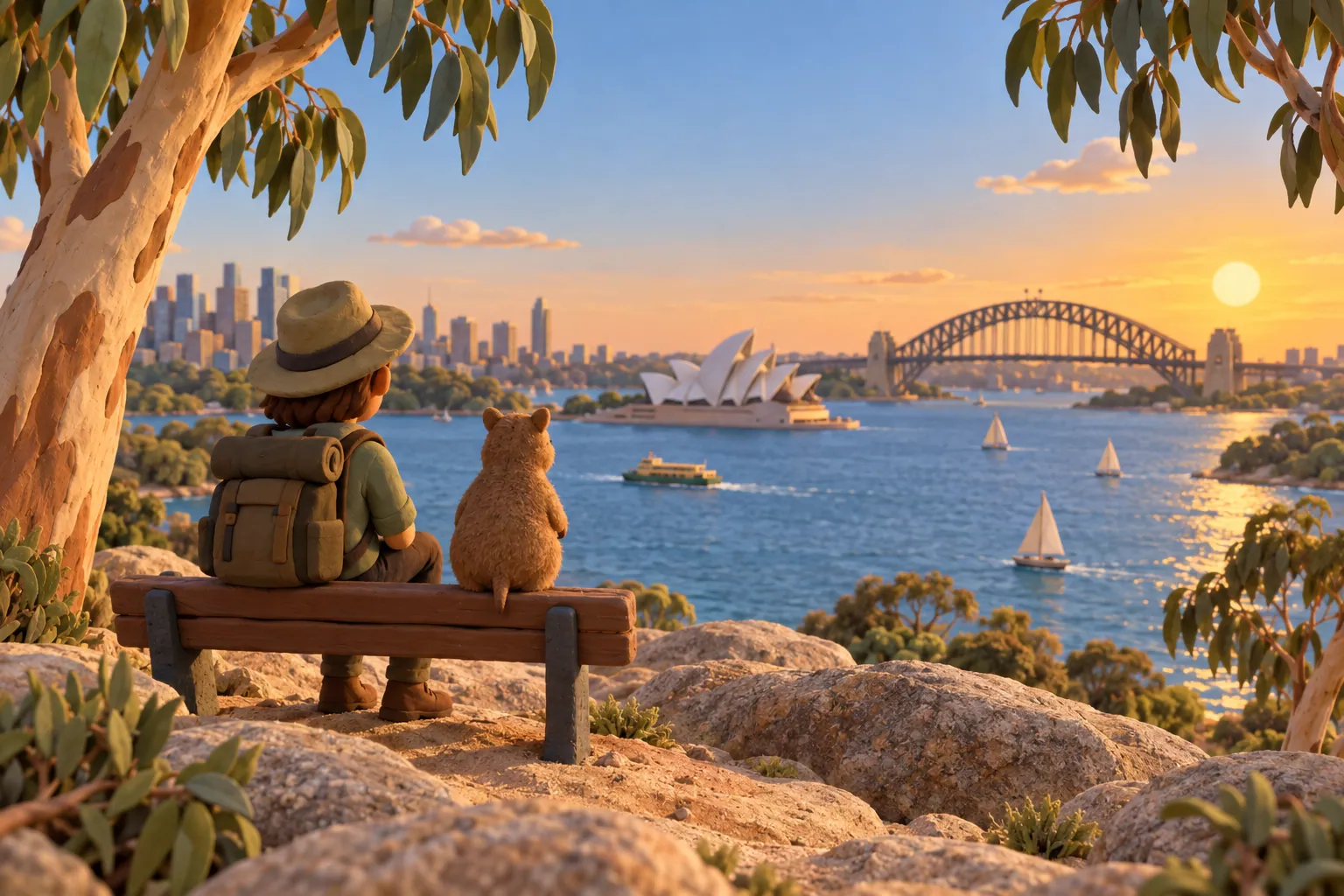 Clay 3D scene: a smiling quokka holding a phone at a beach lookout, with the Sydney Opera House and Uluru behind it.